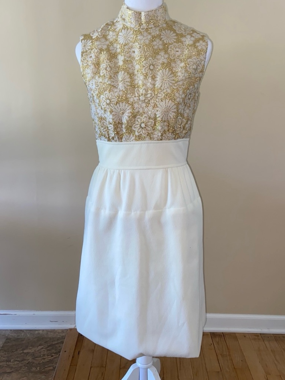 Source Unknown Ivory Midi Dress with Gold Floral Lace Bodice